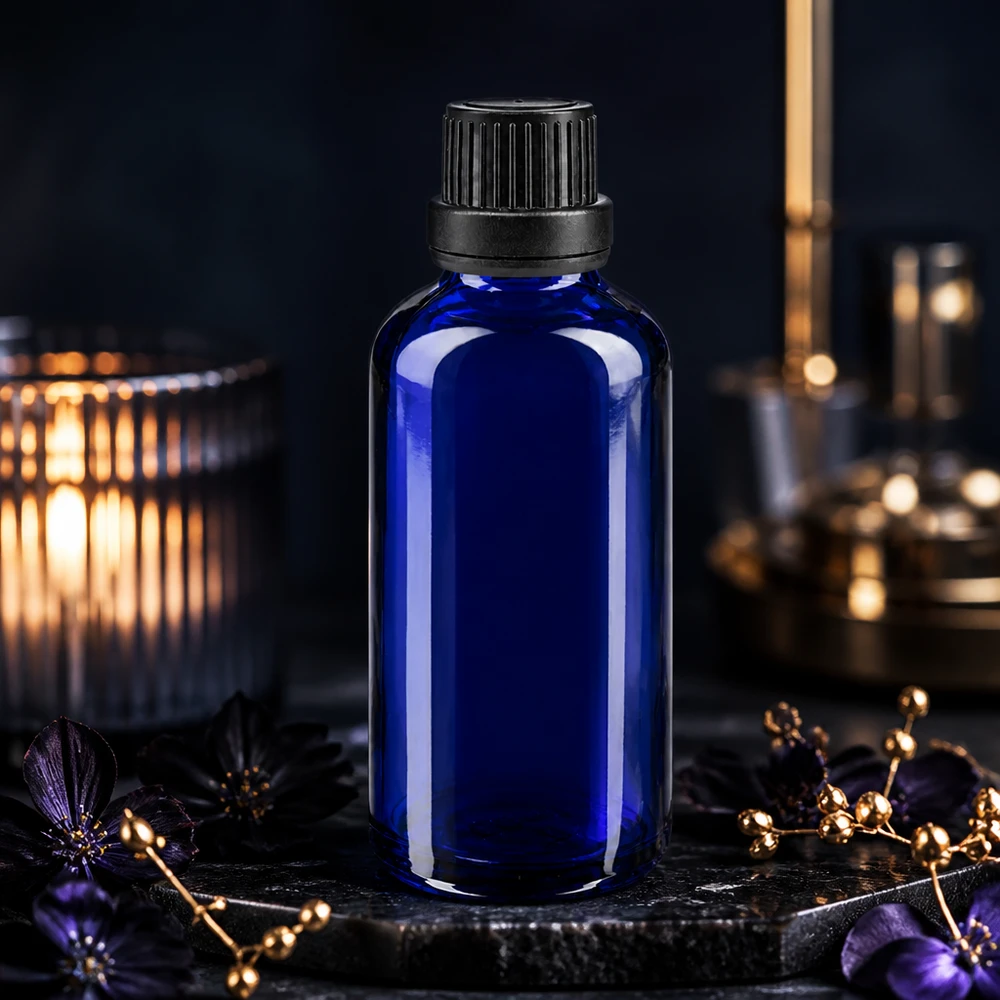 Apoteksflaske blå 50ml dryp v. Pr. 2mm sort OV Mørkeblå 50 ml glasflaske med rillet sort låg på skifersten med lilla blomster og stearinlys