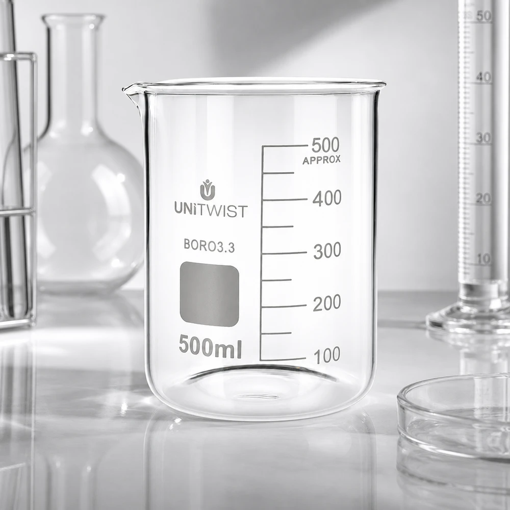 Bæger 500 ml borosilikat, lav form UNiTWIST UNiTWIST bægerglas 500 ml BORO3.3, lavt, omgivet af laboratoriekolber og målecylindre