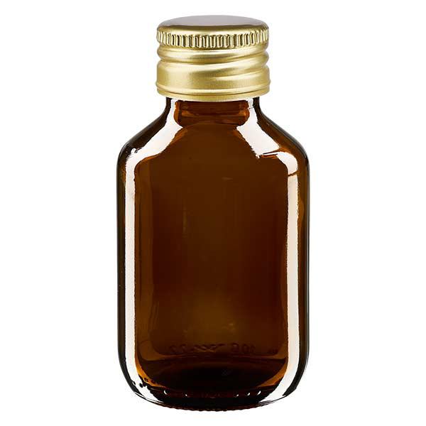 100 ml medicinflaske, brun, med ApoGlas-hætte i guldaluminium. Farmaceutisk kvalitet fra EU-produktion. 28 mm (PP28) gevind. (sirup, lys glasflaske) 100 ml medicinflaske, brun, med ApoGlas-hætte i guldaluminium. Farmaceutisk kvalitet fra EU-produktion. 28 mm (PP28) gevind. (sirup, lys glasflaske)