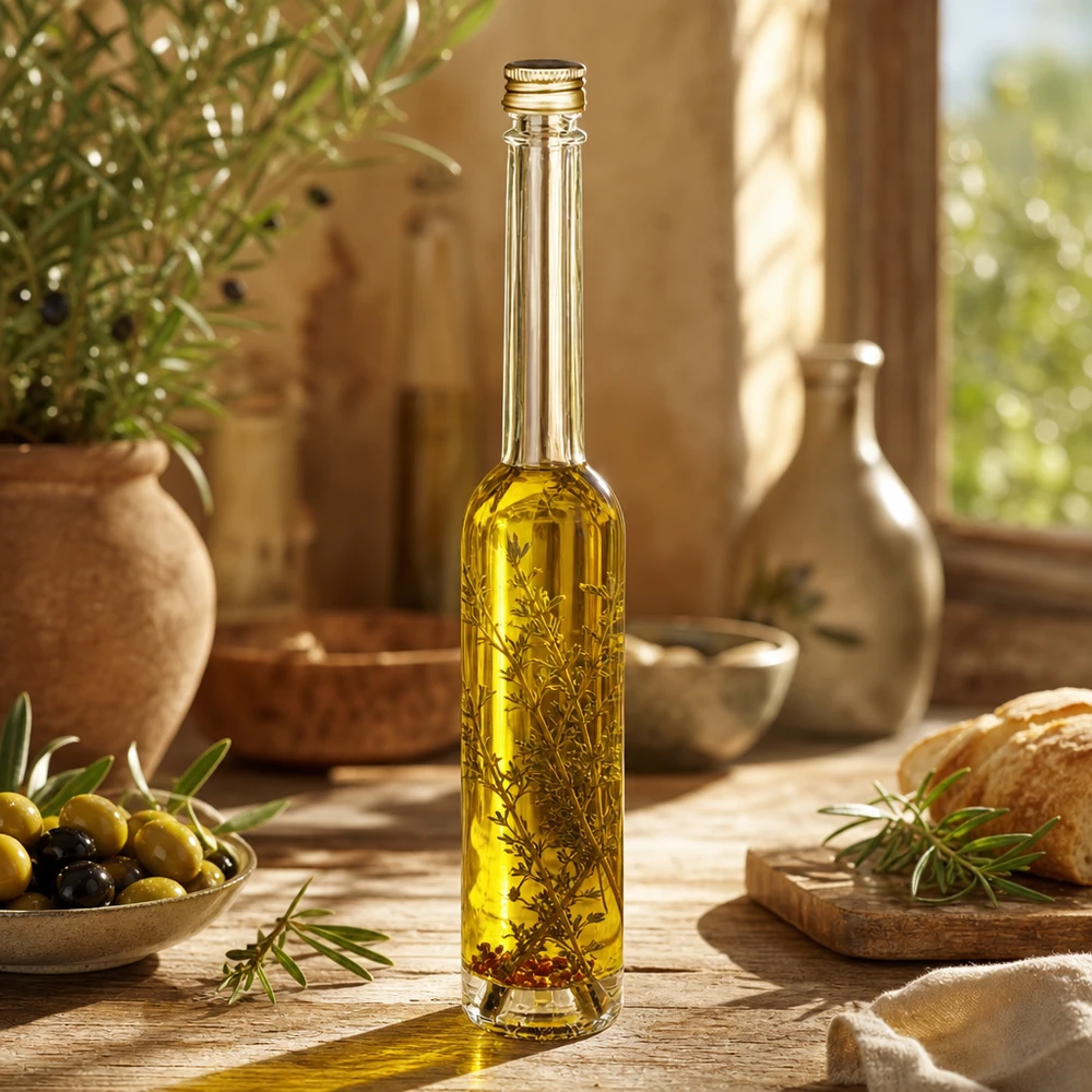 100 ml glasflaske »Toni« og skruelåg sølv UNiTWIST® 100ml Glasflasche Toni mit Olivenöl und Kräutern - UNiTWIST Goldverschluss in mediterraner Küche mit Oliven und Brot