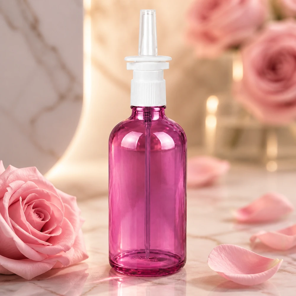 100 ml næsesprayflaske hvid/transparent standard PurpleLine UT18/100 Lilla 100 ml glasflaske med sprøjtepumpe til næsespray og medicinske opløsninger PurpleLine