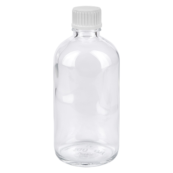 100 ml dråbeflaske 0,9 mm hvid STD ClearLine UT18/100 100 ml dråbeflaske i klart glas med hvid skruelåg, ClearLine UT18, til farmaceutiske anvendelser