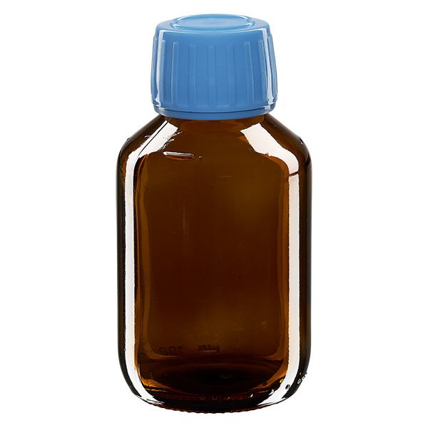 100 ml medicinflaske brun, blå hætte med tyverisikring ApoGlas. Farmaceutisk kvalitet fra EU-produktion. 28 mm (PP28) gevind. (sirup, lys glasflaske) 100 ml medicinflaske brun, blå hætte med tyverisikring ApoGlas. Farmaceutisk kvalitet fra EU-produktion. 28 mm (PP28) gevind. (sirup, lys glasflaske)