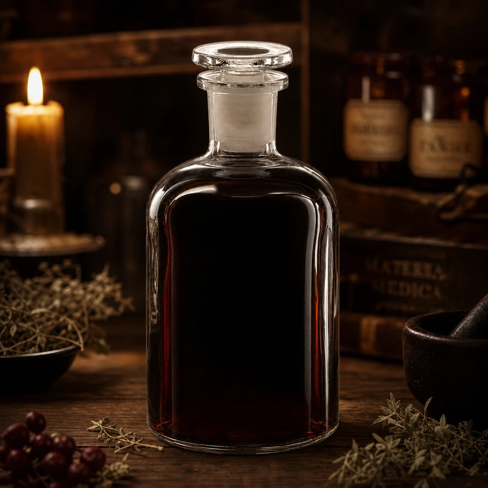 Rund skulderflaske 250 ml klar glasprop med smal hals Historisk apotekerflaske, 250 ml, klart glas med glasprop til tinkturer og eliksirer