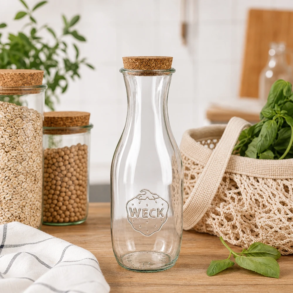 1062 ml juiceflaske WECK RR60 med kork natur WECK juiceflaske 1062ml RR60 med naturkork i bæredygtigt zero-waste køkken ved siden af opbevaringskrukker og juteposer
