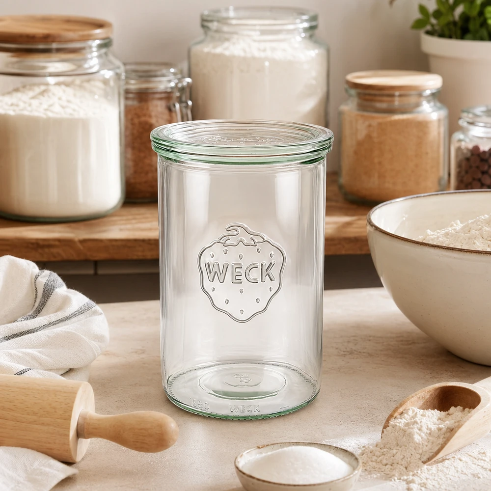 1000 ml Briller med glaslåg WECK RR100 WECK-glas 1000 ml RR100 tomme i lyst køkken mellem opbevaringskrukker med mel og bageredskaber til bagning