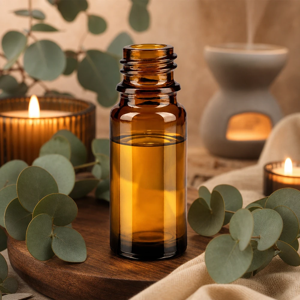 Dropperflaske 10 ml DIN 18 lavet af ravfarvet glas 10 ml brun glasflaske ApoGlas til aromaterapi med eukalyptus og stearinlys i en naturlig spa-atmosfære