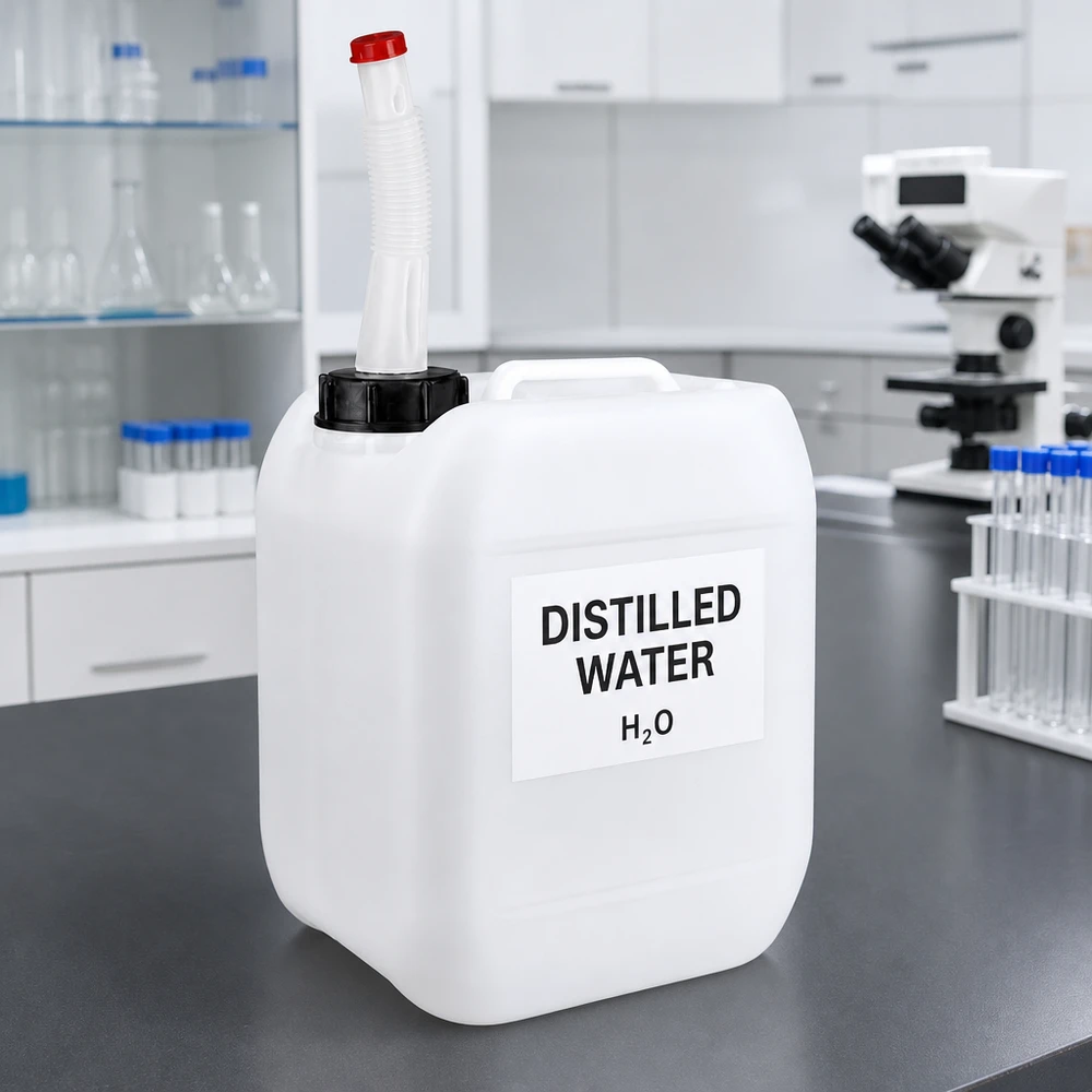 5 liters beholder med Flex-udløbsrør 5 liters laboratoriekanister med destilleret vand, mærkning og bøjelig hældetud
