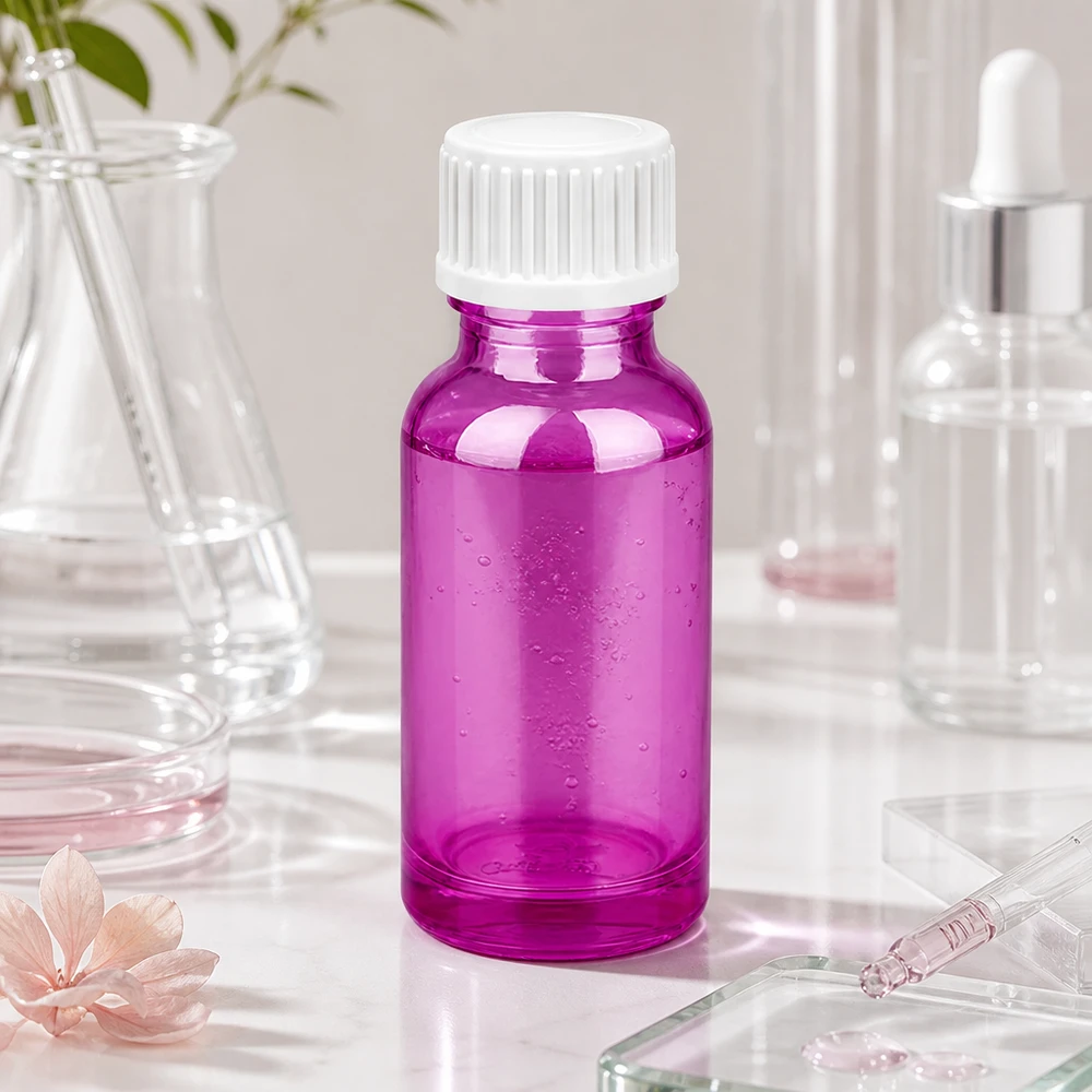 Kompakt 20 ml glasflaske i levende lilla til præcis dosering af serum og olier