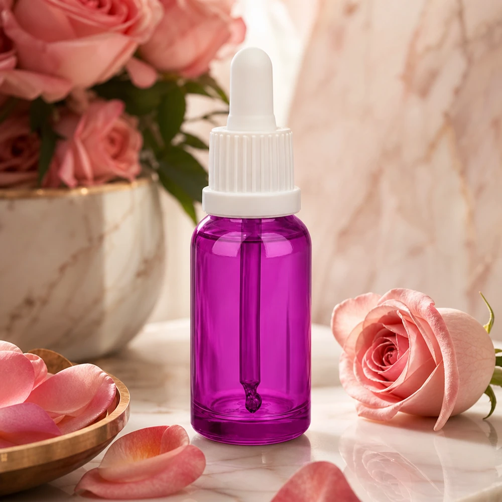 20 ml pipetteflaske hvid Originality skruelåg PurpleLine UT18/20 Elegant 20 ml pipetteflaske i lilla med hvid dråbetæller til skønhedsprodukter