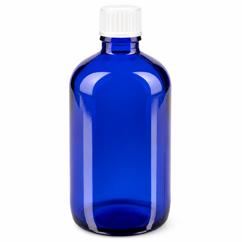 100 ml blå apotekerflaske af glas med hvid skruelåg, 3 mm standard