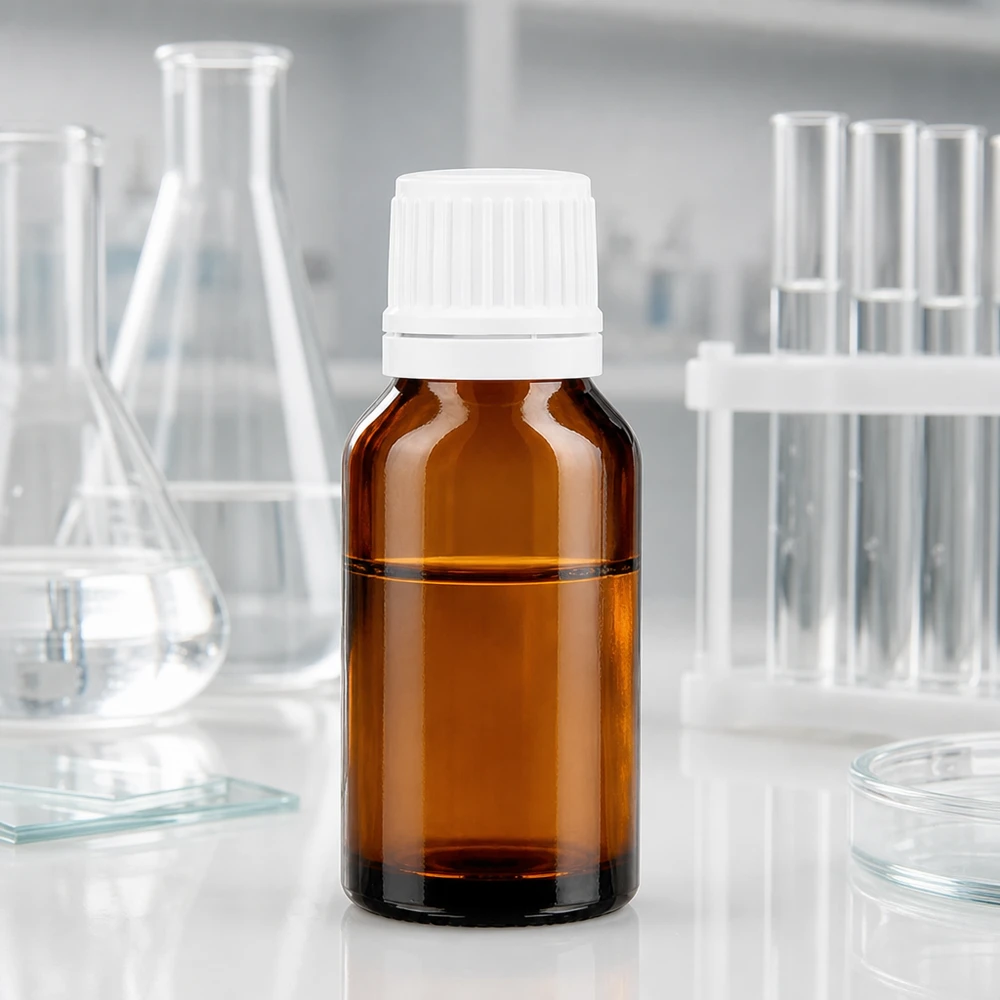 Brun glasflaske på 15 ml med børnesikret hvidt originalitetslåg i laboratoriet