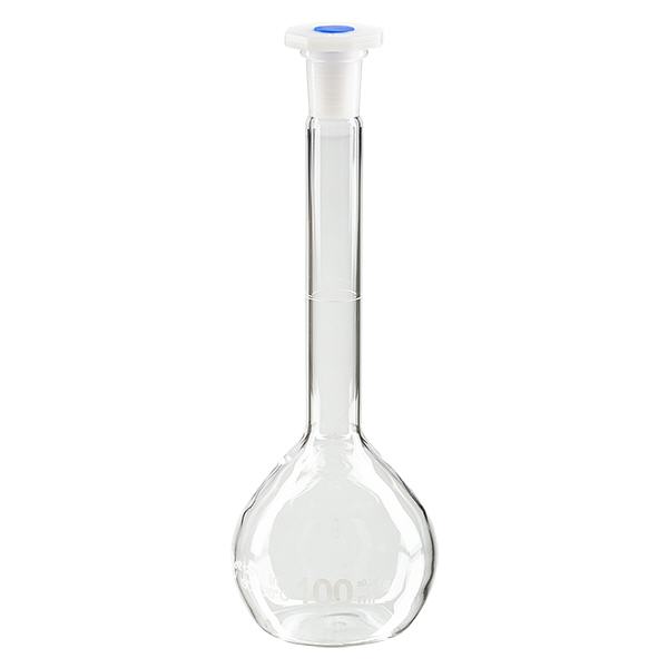 Målekolbe 100 ml med standard slebet led og PEHD-prop Målekolbe 100 ml med standard slebet led og PEHD-prop