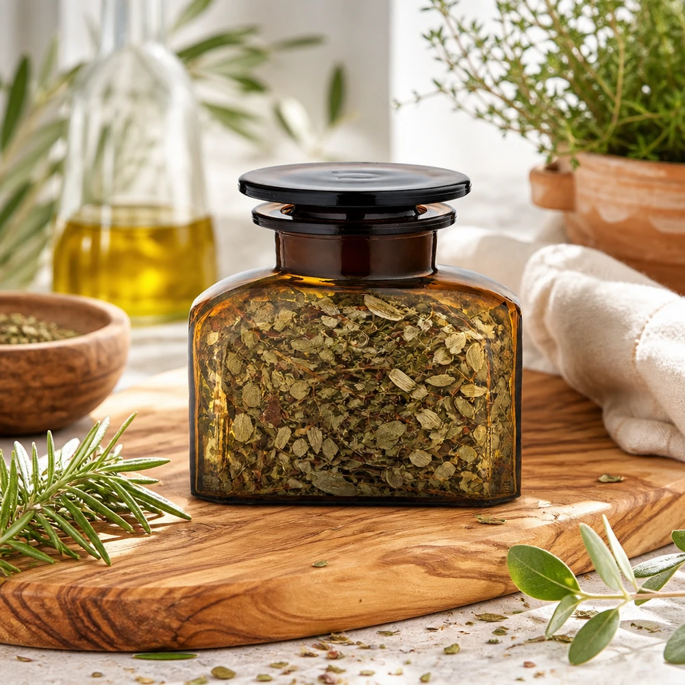 Idé til krydderiglas: Firkantet apotekerflaske 150 ml med bred hals Krydderiglas i brunt glas, 150 ml, med bred hals og tørrede urter på et oliventræbræt