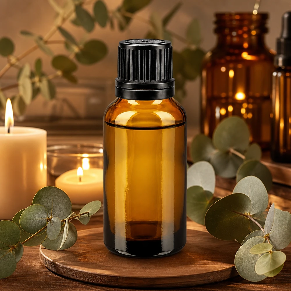 Apoteksflaske brun 20ml skruelåg sort hælde r. OV 20 ml apotekerglas i brunt glas med sort originalprop til æteriske olier