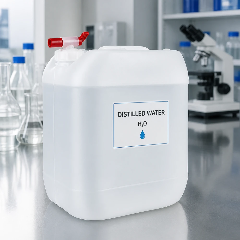 20 liters laboratoriekanister med rød hane, fyldt med destilleret vand (H₂O)