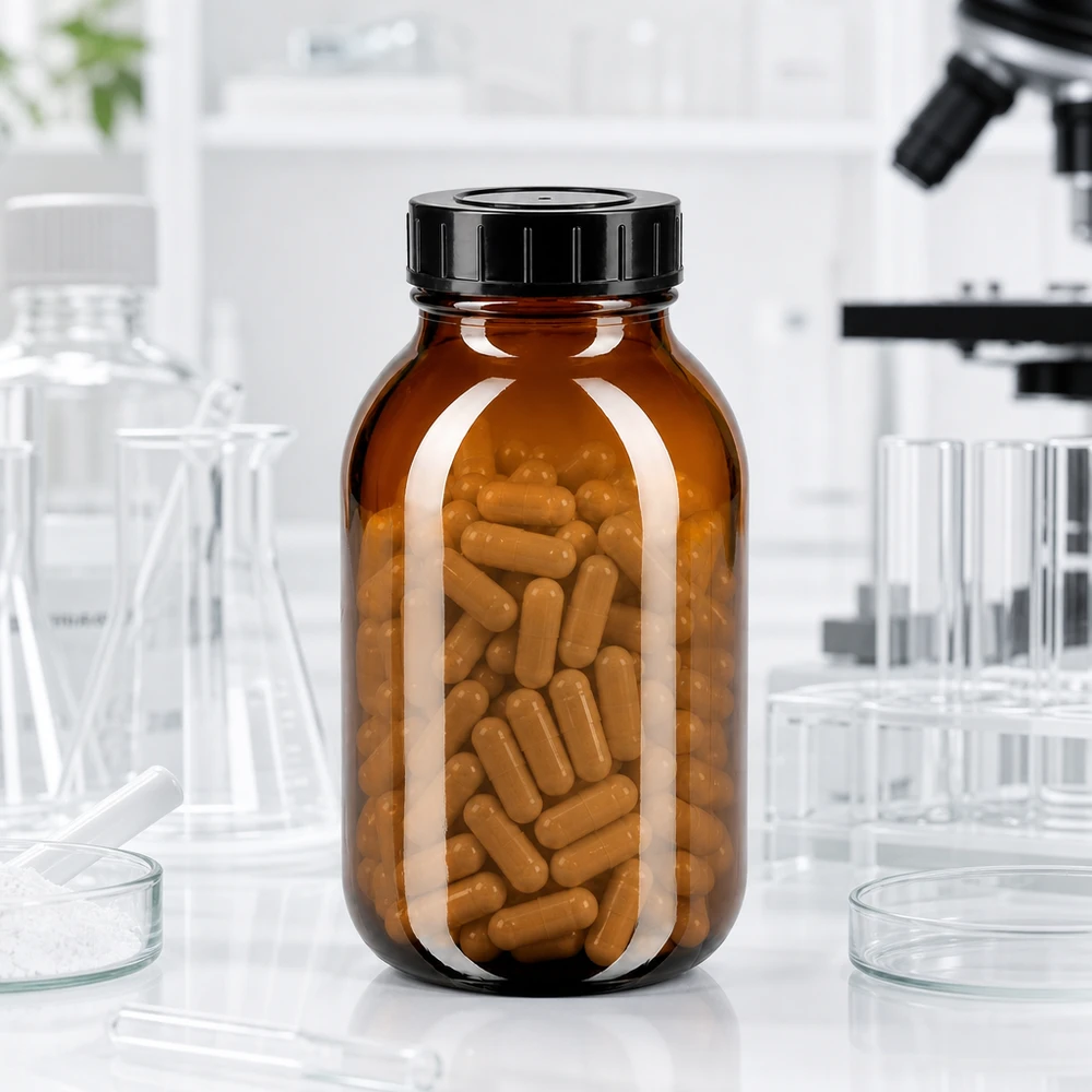 500 ml flaske med bred hals i ravfarvet glas med skruelåg 500 ml ravfarvet glasflaske med stor åbning og tæt skruelåg til farmaceutiske anvendelser