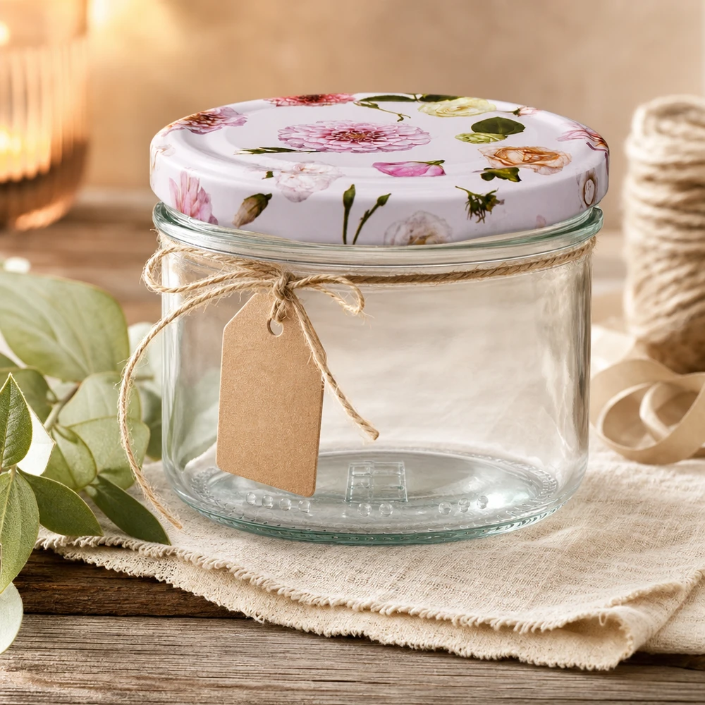 230 ml cylinderglas + BasicSeal låg Blume rosa Tom 230 ml syltekrukke med blomsterlåg og tag i kraftpapir - dekorativ opbevaringskrukke på træfod