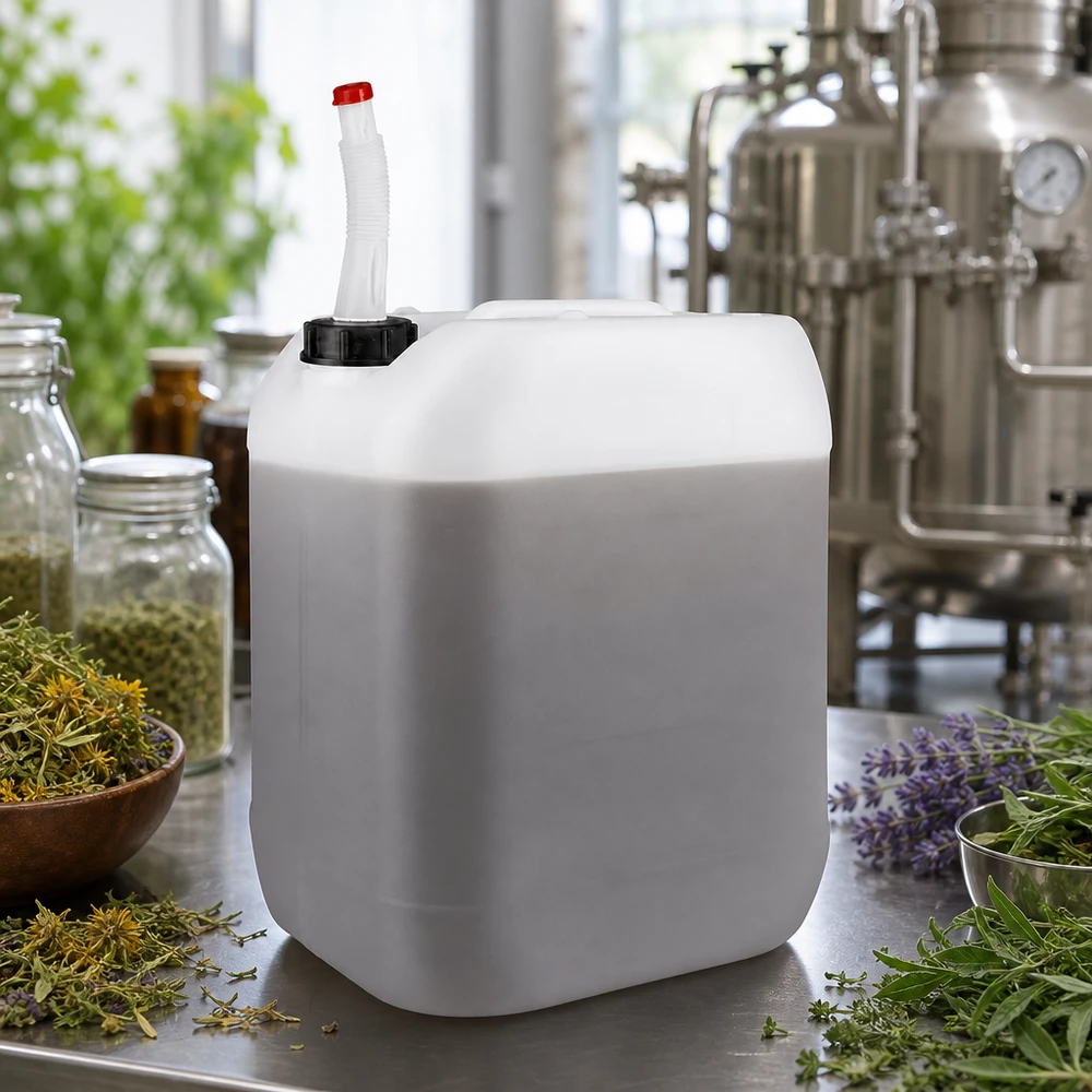 20 liters beholder med Flex-udløbsrør Robust 20-liters plastdunk med fleksibelt rør ved siden af friske urter og et destillationsanlæg