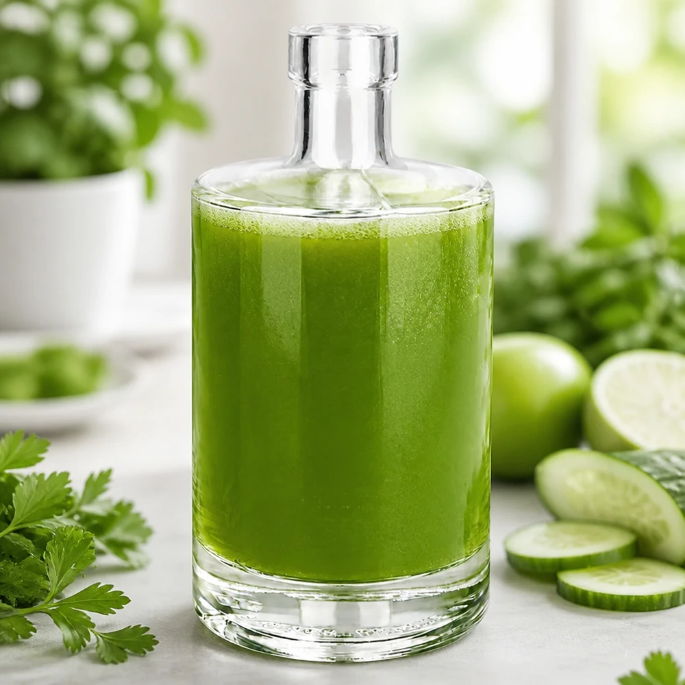 500 ml glasflaske »Marie« uden låg UNiTWIST® 500 ml glasflaske Marie fyldt med grøn smoothie omgivet af agurk og krydderurter til inspiration for sunde drikke.