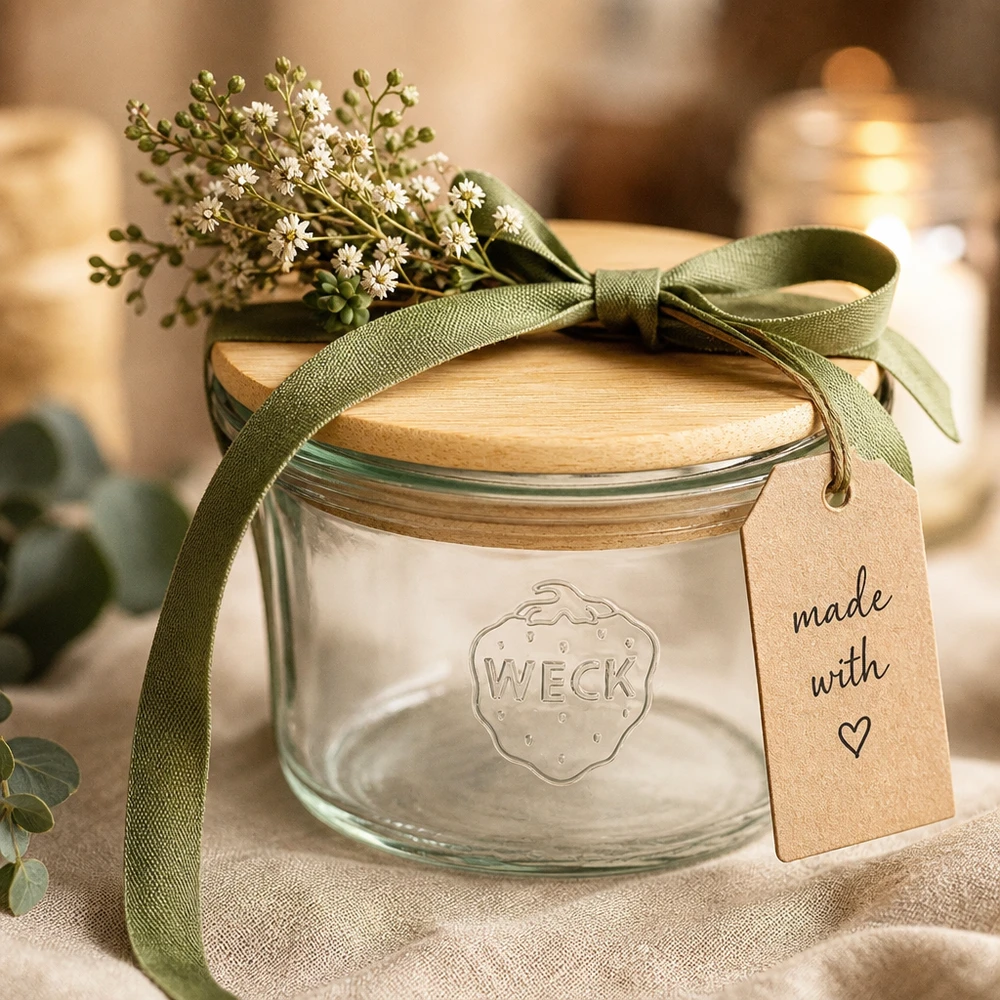 35 ml mini Briller WECK RR40 med trælåg WECK mini murerbalje 35 ml med trælåg som gaveidé med grønne båndblomster og Made with Love-tag