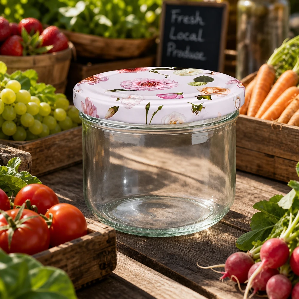 260 ml væltet glas + BasicSeal låg Blomst rosa UNiTWIST Tom 260 ml murerbalje med lyserødt blomsterlåg mellem friske grøntsager - alsidig konserveringskrukke til en markedsbodstemning
