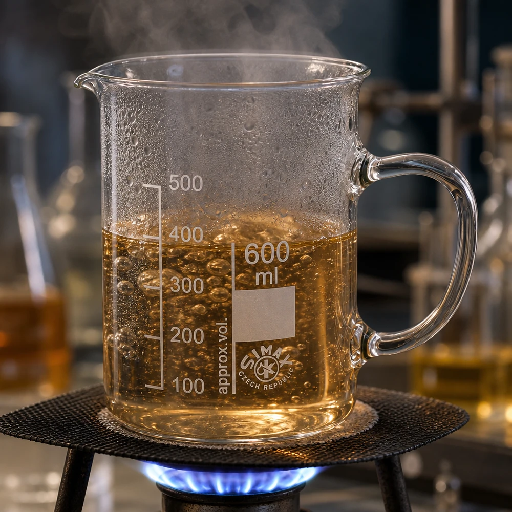 Bæger 600 ml borosilikatglas, med håndtag Et 600 ml bægerglas med hank på en gasbrænder, hvor der koger en gylden-gul væske, og der dannes damp