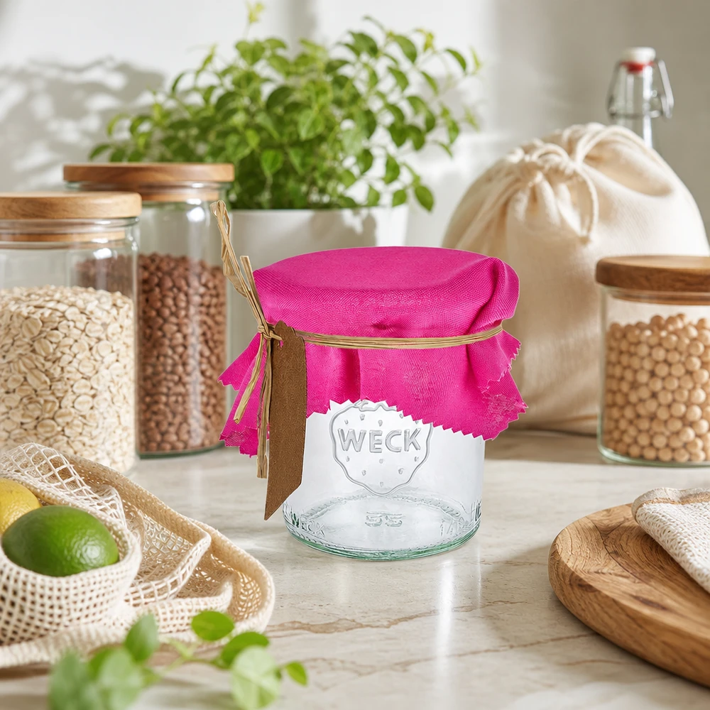 Stofdækkeserviet pink 120x120mm firkantet Lyserød stofdukke 12 cm firkantet på krukke i bæredygtigt zero waste-køkken med opbevaringskrukker