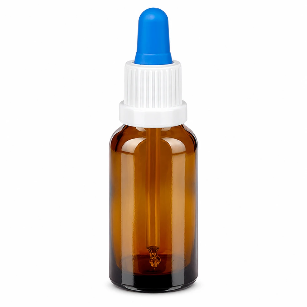 20 ml pipetteflaske hvid/blå OV BrownLine UT18/20 20 ml pipetteflaske af ravfarvet glas med hvid hætte og blå pipette til præcis dosering