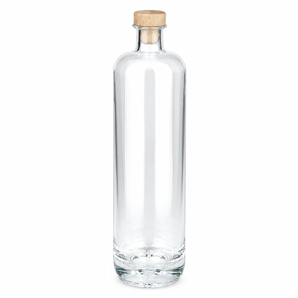 700 ml glasflaske Ella med træhåndtag og prop UNiTWIST® 700 ml glasflaske Ella med træhåndtag kork UNiTWIST transparent tom Produktfoto på hvid baggrund
