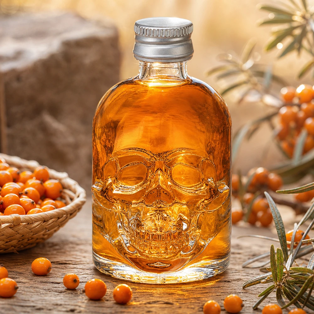 50 ml glasflaske »Hector« og skruelåg sølv UNiTWIST® 50 ml glasflaske Hector fyldt med havtornlikør mellem orange bær og dekorative elementer i en varm atmosfære