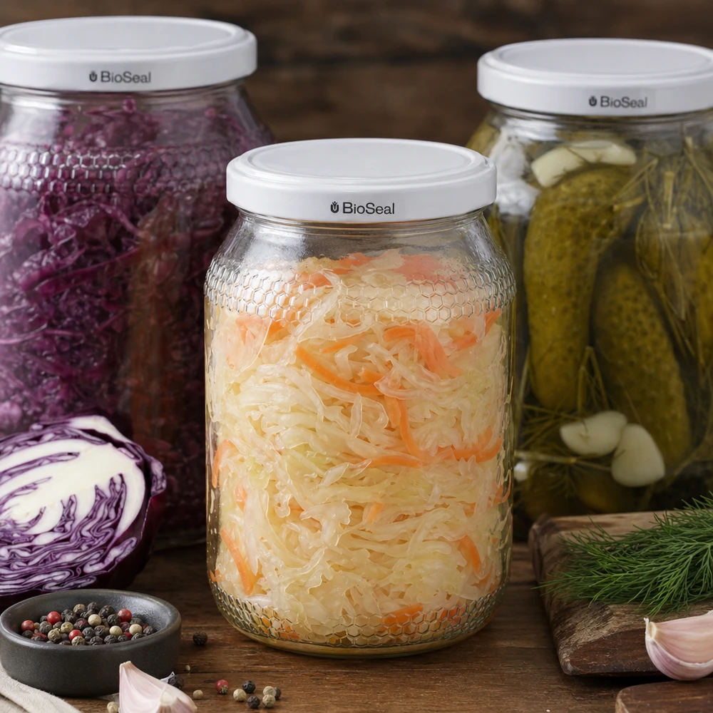 1260 g honningglas med hvidt BioSeal UNiTWIST-låg 900 ml honningkrukke med BioSeal-låg fyldt med fermenteret sauerkraut sammen med syltet rødkål og krydderier