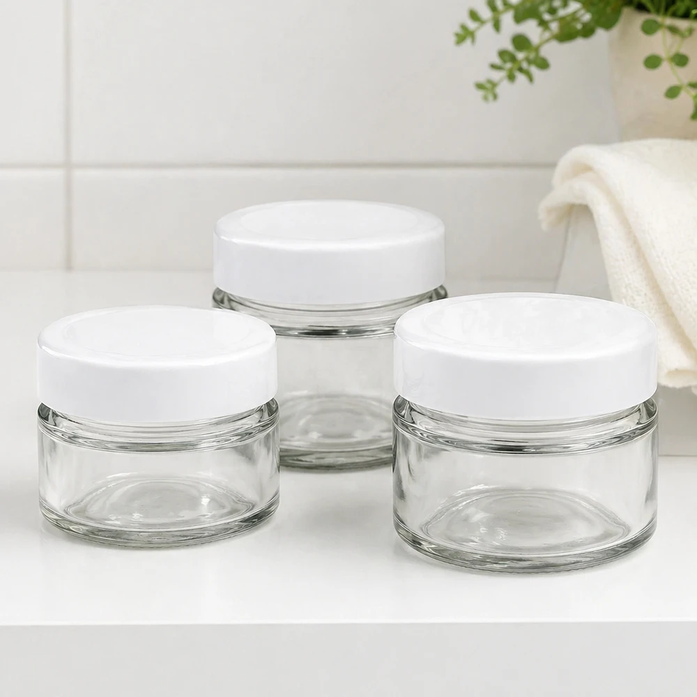 80 ml rund krukke med BasicSeal-låg hvid dyb UNiTWIST 80 ml rundt krukkesæt med BasicSeal-låg til badeværelset - elegante glaskrukker til kosmetik og badeværelsesredskaber