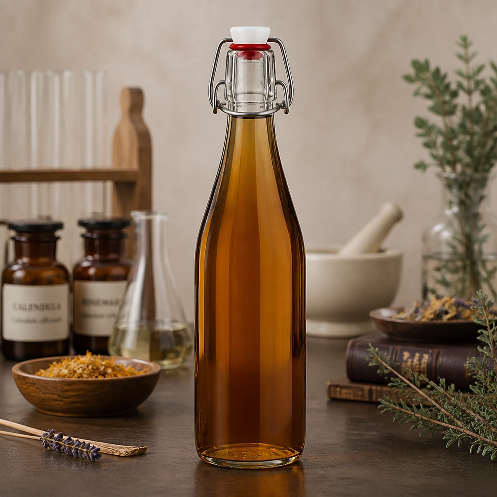 500 ml glasflaske og hængelåg i PVC UNiTWIST 500ml Glasflasche Bügelverschluss amber braun apotheker Design mit Naturkräutern Heilpflanzen vintage Küche nostalgisch