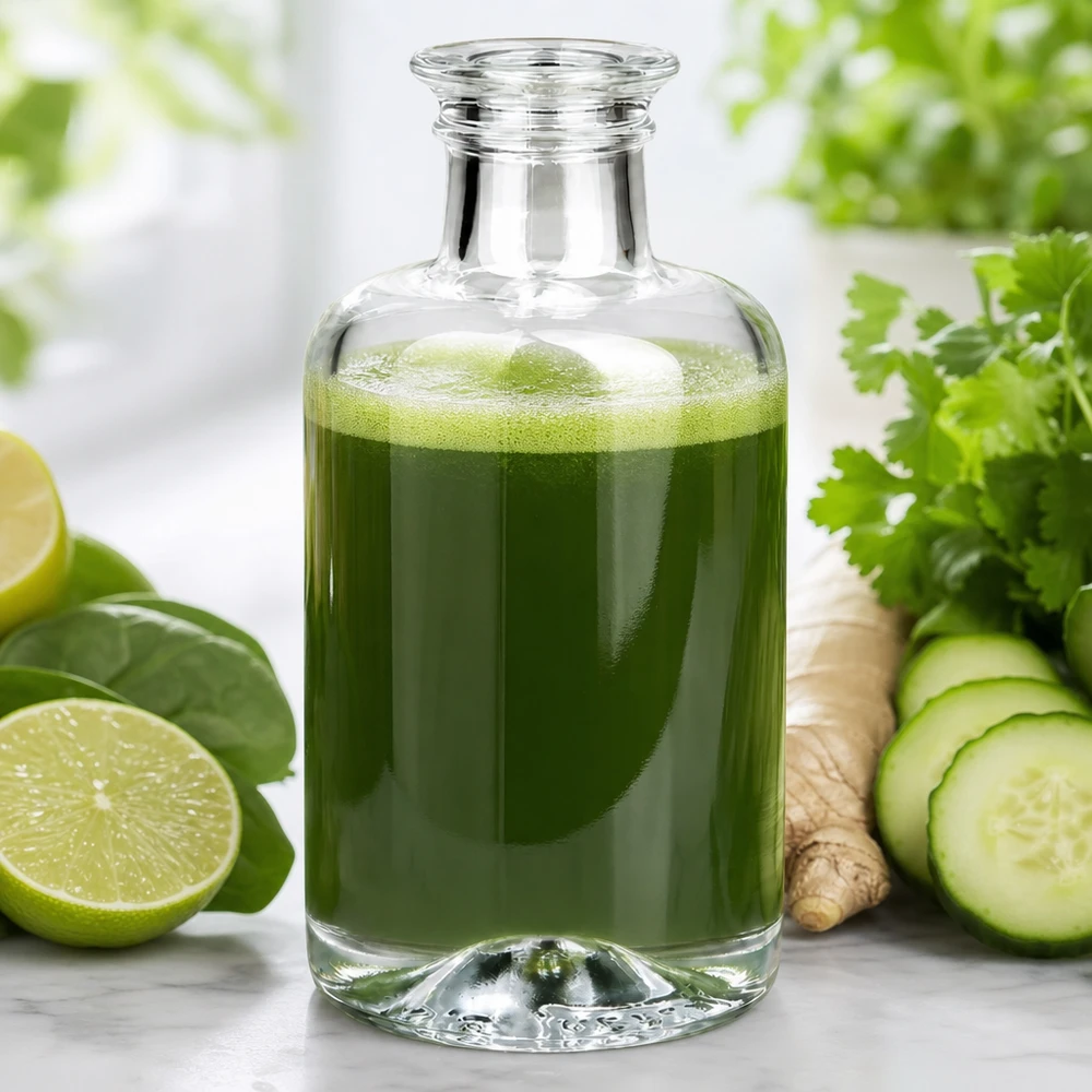 100 ml apoteksflaske »Sofia« uden lukning UNiTWIST® 100 ml Sofia-glasflaske fyldt med grøn grøntsagsjuice sammen med agurk, lime, ingefær og krydderurter på en hvid baggrund.