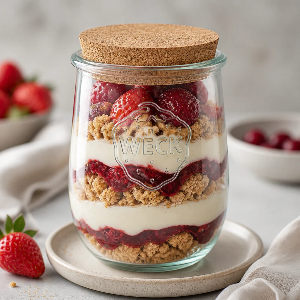1062 ml tulipankrukke WECK RR100 med kork natur WECK tulipankrukke RR100 1062ml som en lagdelt dessertkrukke med jordbær, fløde og kiksekrummer arrangeret dekorativt