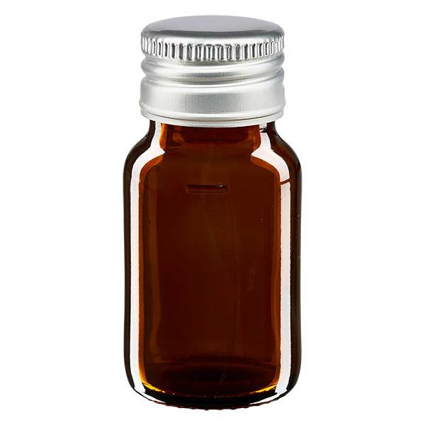 30 ml medicinflaske brun, med hætte af sølvfarvet aluminium ApoGlas. Farmaceutisk kvalitet fra EU-produktion. 28 mm (PP28) gevind. (sirup, let glasflaske)