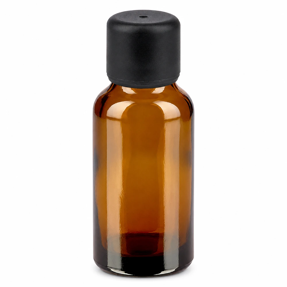 20 ml flaske 6 mm SV sort STD BrownLine UT18/20 20 ml brun glasflaske med sort hætte til æteriske olier og kosmetik