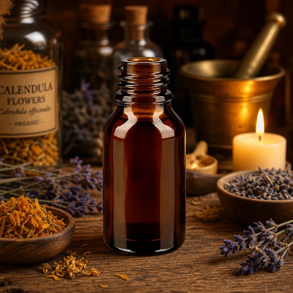 Dropperflaske 30 ml DIN 18 ravfarvet glas HIGH SHAPE 30 ml brun apoteksflaske høj form ApoGlas med calendula blomster mørtel stearinlys aromaterapi opsætning