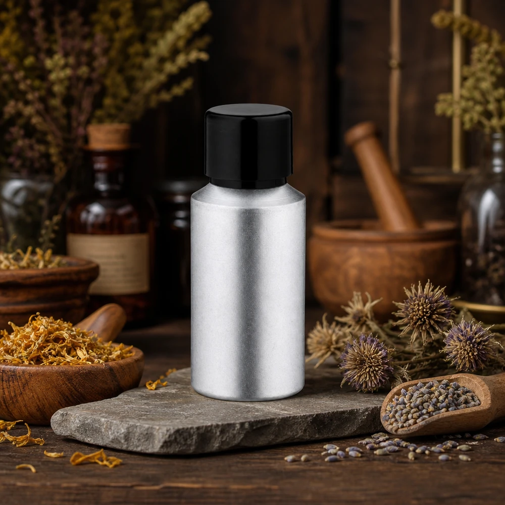30 ml farvet aluminiumsflaske med skruelåg Bejdset 30 ml aluminiumsflaske af høj kvalitet med sort hætte til naturmedicin og urteolier