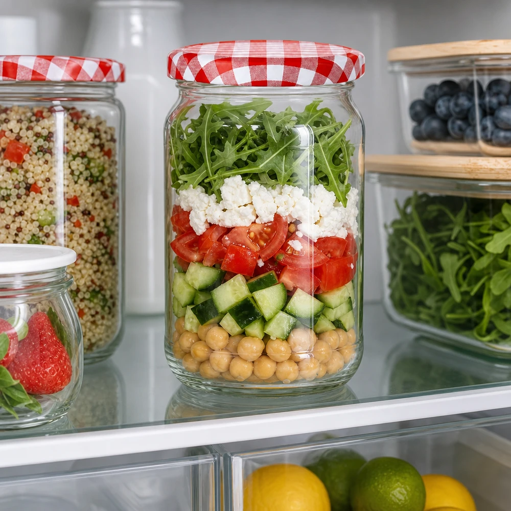 1062 ml rund krukke + BasicSeal-låg rød/hvid UNiTWIST 1062ml Rundglas mit rot-weiß kariertem Deckel als Meal-Prep Salatglas im Kühlschrank mit Schichtsalat und Kichererbsen