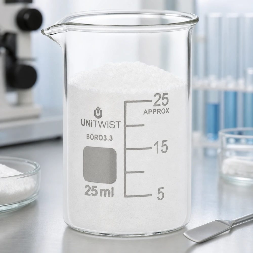 Bæger 25 ml borosilikat, lav skimmel UNiTWIST UNiTWIST 25 ml bægerglas, lav form, fyldt med hvidt pulver, på et laboratoriebord af rustfrit stål