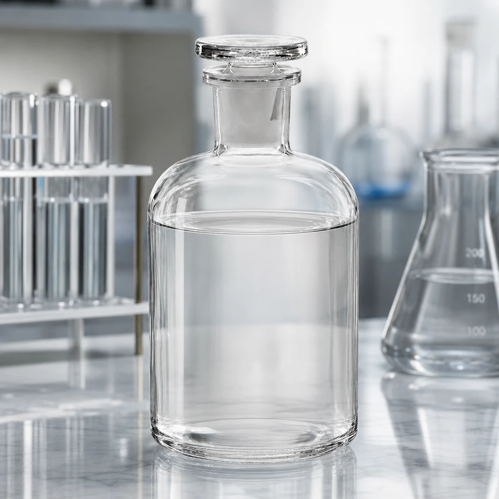 Rund skulderflaske 500 ml klar glasprop med smal hals Laboratorieartikler: Rundskulderflaske, 500 ml, klar, med smal hals og glasprop til kemikalier