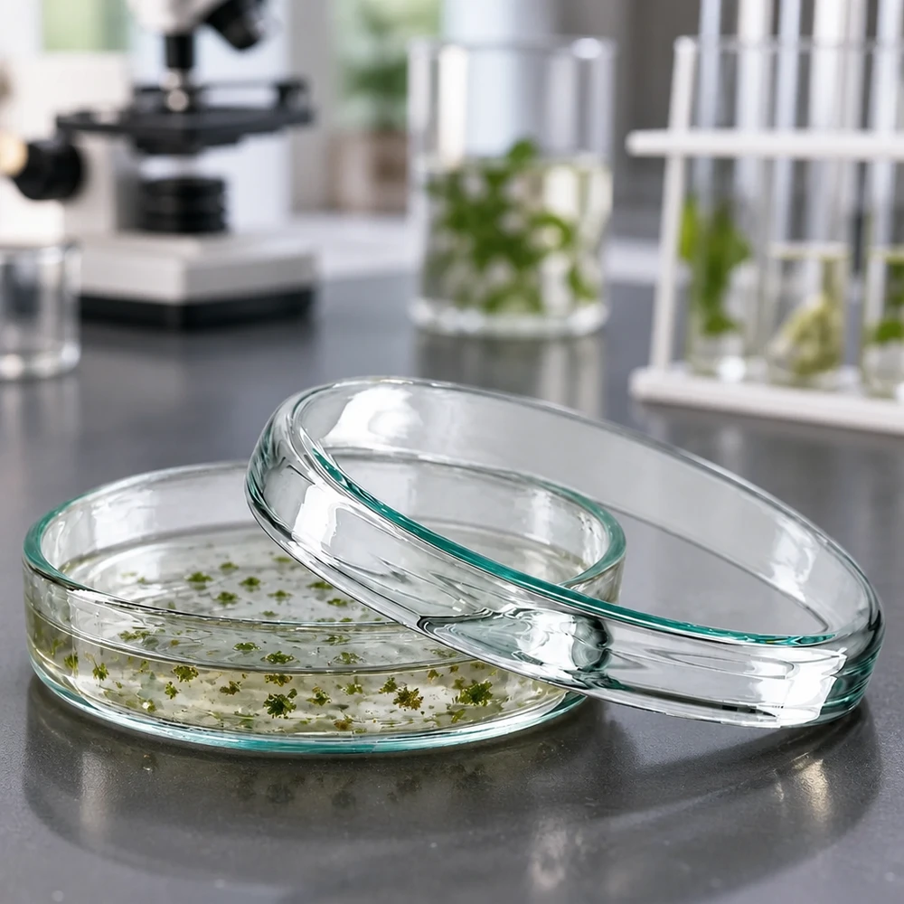 Petriskål af glas, 70 x 15 mm, med grønne plantekulturer på næringsmedium og påsat låg
