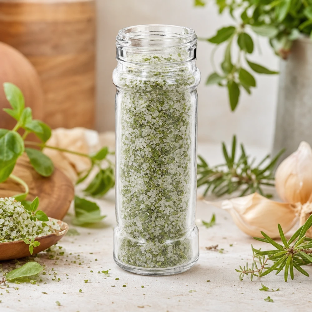 Salt/krydderiglas Mary 100 ml, gevind 41 mm klart glas - matchende låg med 41 mm gevind kan bestilles separat. Cylindrisk glasflaske »Mary« på 100 ml, fyldt med urtesalt og omgivet af frisk rosmarin og hvidløg