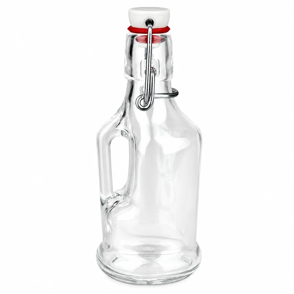 200 ml glasflaske »Bertha« og porcelænshængelåg UNiTWIST® 200 ml glasflaske Bertha med hvid porcelænssvingtop og håndtag af UNiTW på en hvid baggrund