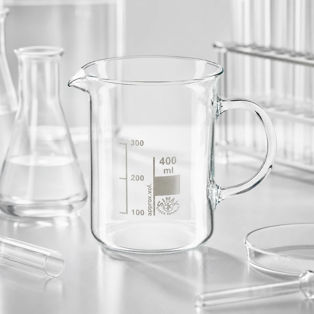 Bægerglas 400 ml borosilikatglas, med håndtag Tomt bæger på 400 ml med hank, fremstillet af klart borosilikatglas, til brug i laboratoriemiljøet