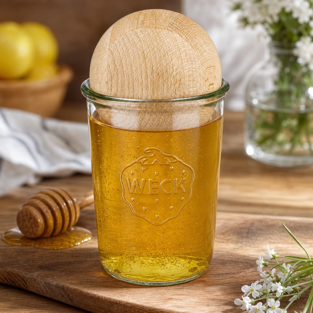 850 ml Briller WECK RR100 med trækugle bøg WECK RR100 glas 850 ml fyldt med honning og kugle af bøgetræ, dekorativt køkkendisplay med honningske