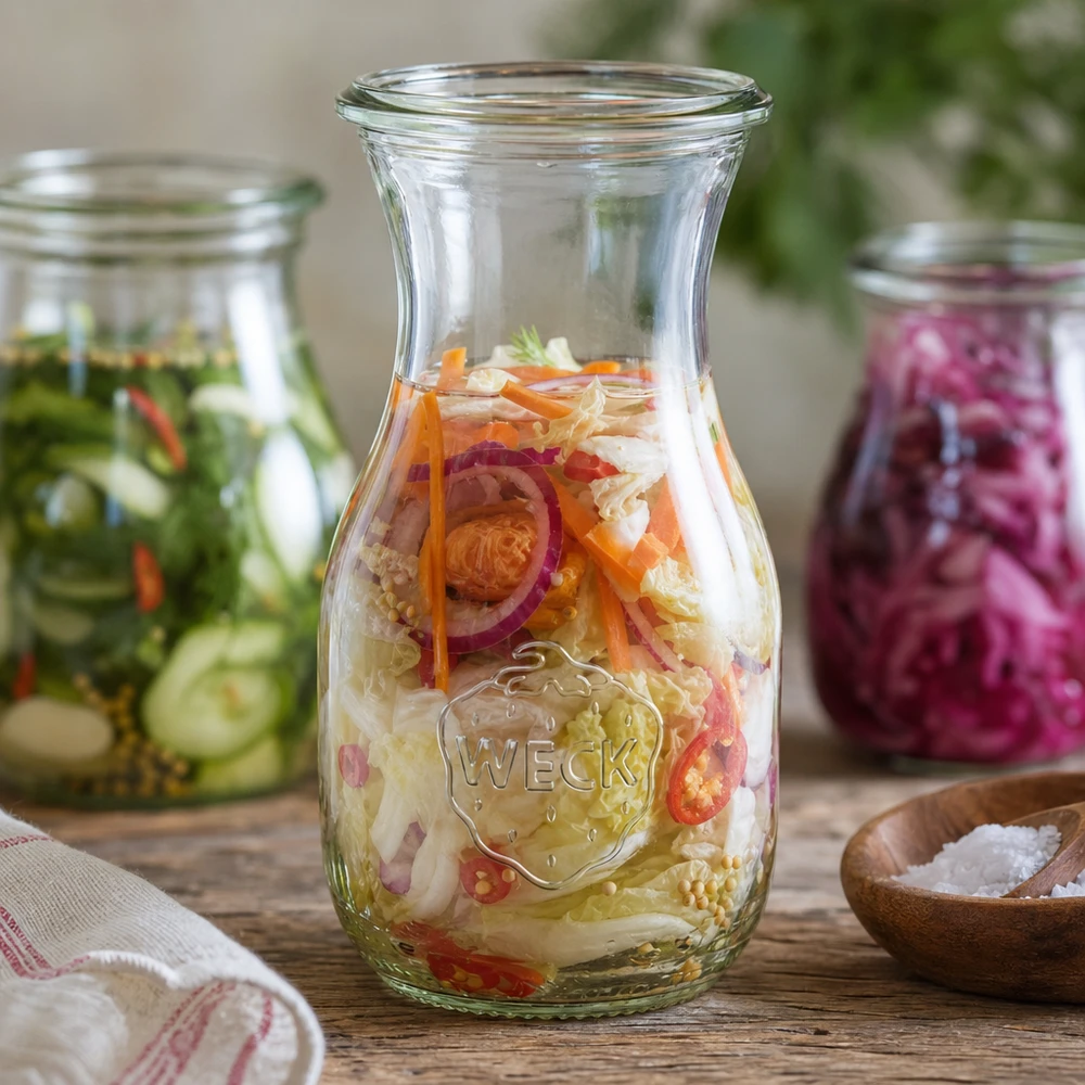 290 ml saftflaske WECK RR60 WECK juiceflaske 290 ml RR60 med fermenterede grøntsager og syltede agurker til sund konservering