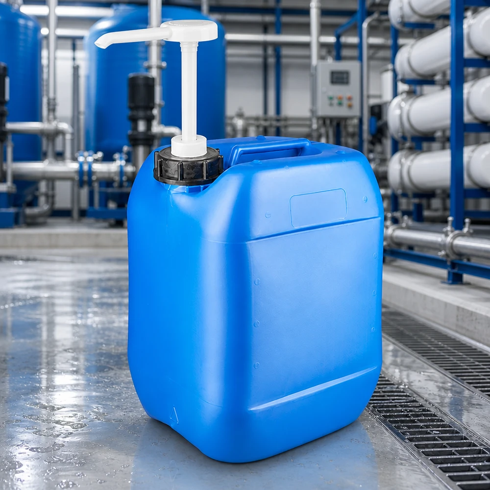 10 liters blå dunk med doseringspumpe Blå 10-liters plastdunk med indbygget doseringspumpe foran vandrensningsanlægget